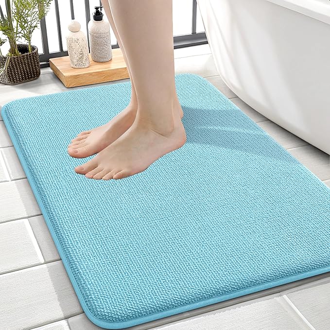 OLANLY Thick Memory Foam Small Bathroom Rugs 24x16, Extra Soft Absorbent Bath Rug, Quick Dry Bath Mats, Non-Slip, Machine Washable Carpet for Bathroom, Tub and Shower, Home Decor Accessories, Sky Blue