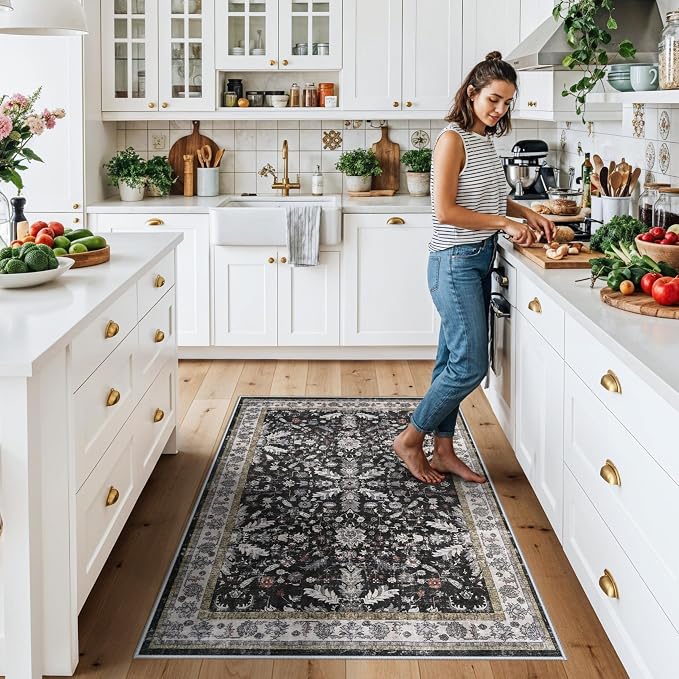 3x5 Kitchen Rug Washable Non-Skid, Boho Indoor Small Throw Area Rugs for Entryway Bedroom Living Room Floor, Soft Stain-Resistant Low-Pile Thin Doormat（Black, 3x5）
