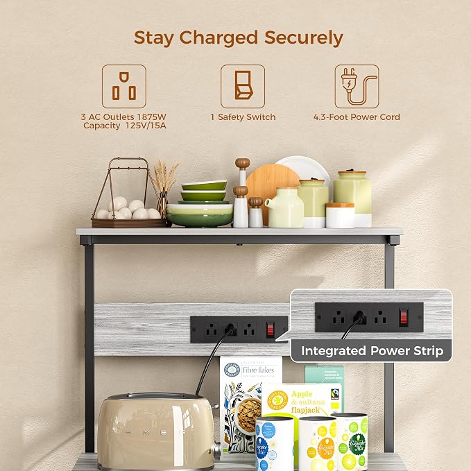 VUSIGN Kitchen Bakers Rack with Power Outlet, 4 Tiers Microwave Stand with Storage, 23.6 Inch Coffee Bar Station with 6 S Hooks, Adjustable Shelf Rack for Pots/Pans/Spices, Gray