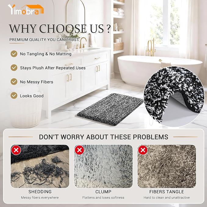 Yimobra Black and White Bathroom Rugs, Luxury Fluffy Bath Mats, Non Slip, Water Absorbent Microfiber, Machine Washable, Plush Runner Carpet Shower Rugs, Thick Matts for Bathroom Floor&Tub, 44" X 24"