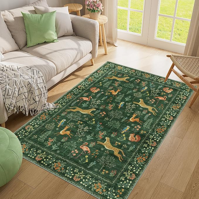 DUKINO 4x6 Rug, Washable Animal Area Rug with Non Slip Vintage Design, Indoor Soft Low Pile Carpet for Bedroom, Nursery, Dining Room, Farmhouse, Playroom, Green
