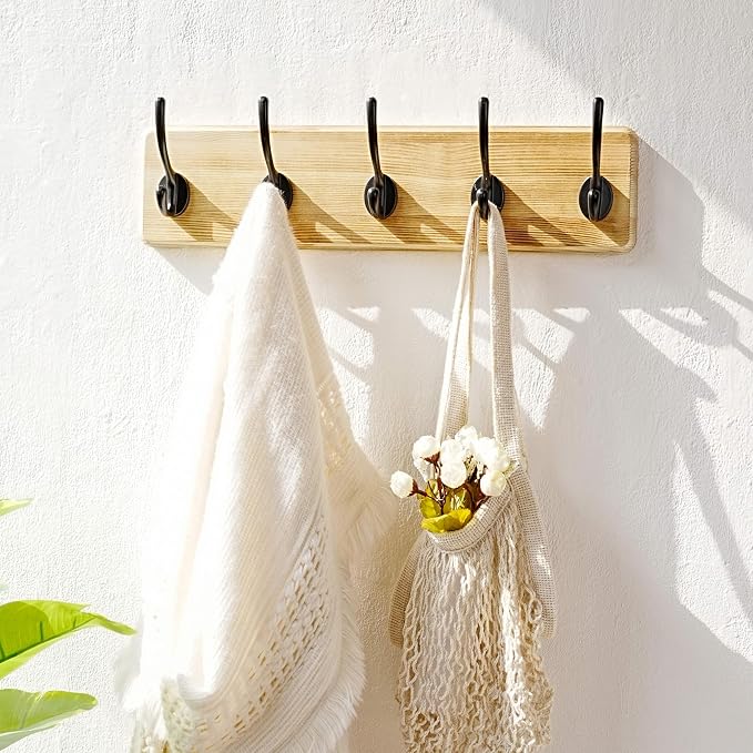 Dseap Coat Rack Wall: Patented, Heavy-Duty, 5-Double-Hooks Wooden Wall Mounted Coat Rack Coat Hanger Hook Rail for Winter Coats Hat Jacket Clothing, Light Brown