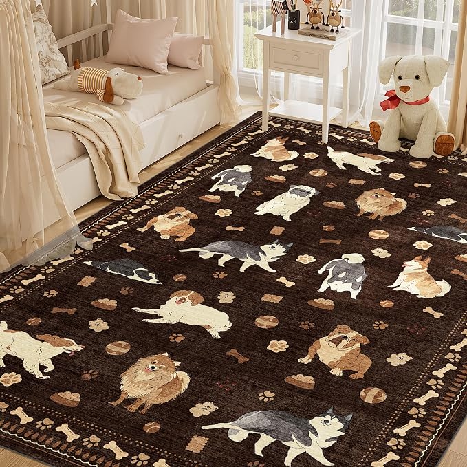 DUKINO 6x9 Rug for Living Room, Lightweight Animal Dog Print Washable Area Rug, Soft Non Slip & Low Pile Floor Mat, Stain Resistant Large Carpet for Bedroom, Nursery, Dining Room, Kids Playroom, Brown