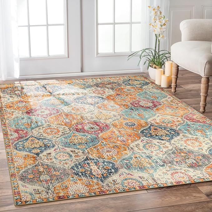 Lahome Moroccan 6x9 Rugs for Living Room, Soft Washable 6x9 Area Rug for Bedroom, Ultra-Thin Oriental Trellis Non Shedding Throw Large Carpet for Dining Room Office Elise, Cream/Multi