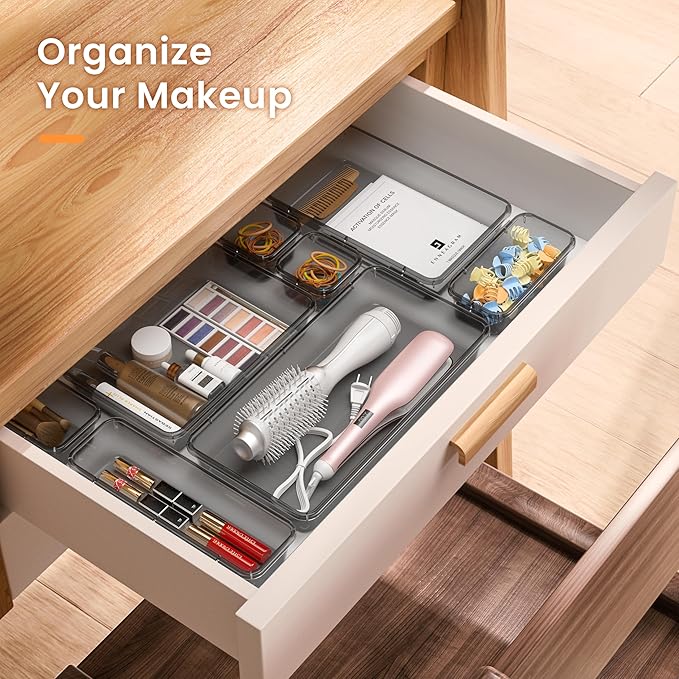 A-LuGei 【Military Grade Drawer Organizer, 【𝟱𝗦𝗶𝘇𝗲】 Makeup organizer, 【Holds 177 Items】 Bathroom Organizers and Storage, Organization and Storage, Desk Drawer Organizer for Vanity (Clear Black)