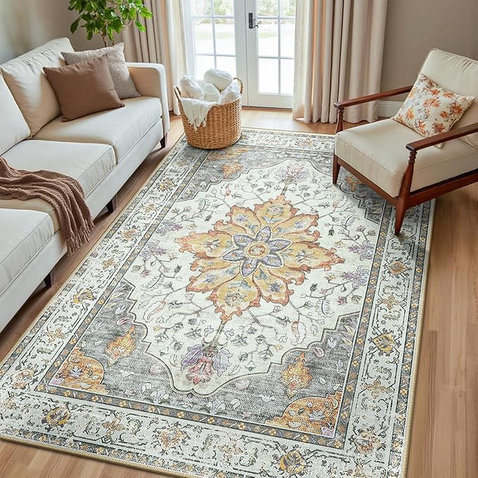 RELEANY Area Rugs 5'x8' Washable Non-Slip, Floral Vintage Distress Medallion Carpet for Living Room Bedroom Dining Room, Beige Carbon Grey Orange