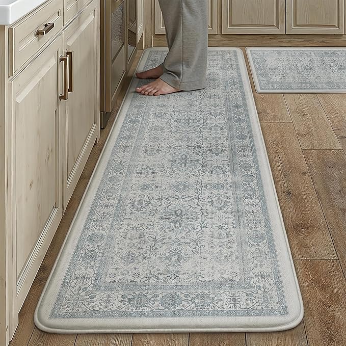 PureCozy Kitchen Mats 2PCS Anti Fatigue Cushioned Mat Blue Vintage Kitchen Mats for Floor Waterproof Non Slip Comfort Standing Distressed Rug for Sink Laundry Office 17.3"x59"+17.3"x30"