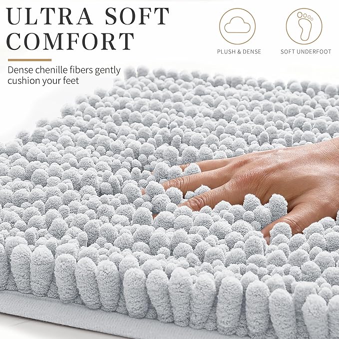 Yimobra Bathroom Rugs Non Slip Washable - Ultra Soft Absorbent Chenille Bath Mat, Quick Dry Shaggy Floor Carpet for Tub Shower, Silver Home Decor Accessories, 24x17 Inch