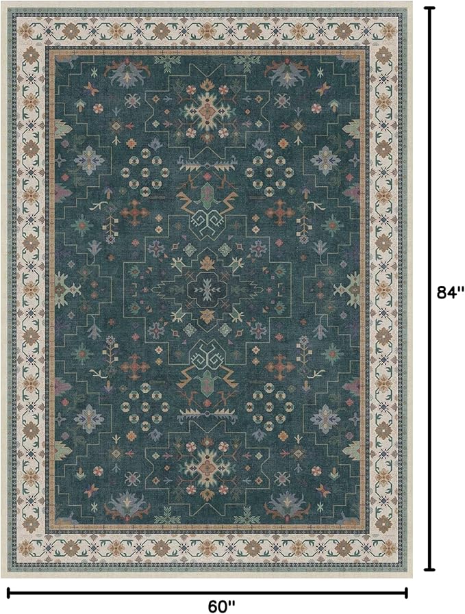 Hazo Haus Dark Green Oushak 5x7 Living Room Rug - Modern Vintage Boho Eclectic Floral Pastel, Washable Low Pile Non-Slip Large Area Rugs for Nursery Dining Under Table Bedroom Lounge