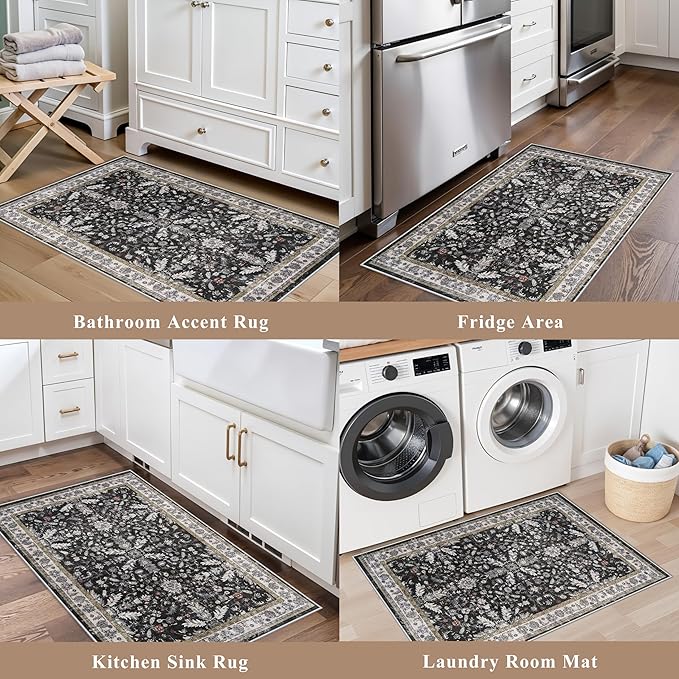 2x3 Rug Non-Slip Washable for Kitchen – Boho Small Throw Rug for Sink & Entryway, Soft Low Pile Thin Indoor Mat for Pet Area & Bathroom (Black, 2x3)