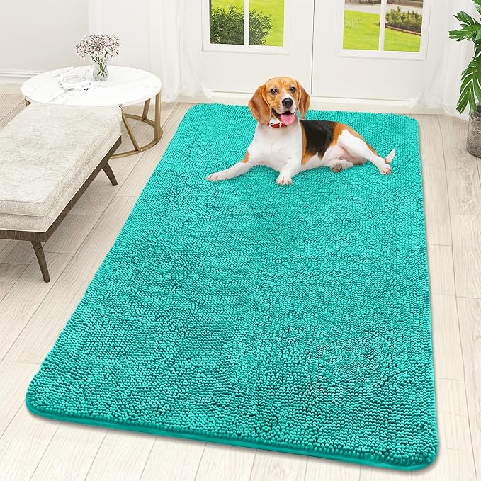 OLANLY Dog Door Mat for Muddy Paws 59x32, Absorbs Moisture and Dirt, Absorbent Non-Slip Washable Doormat, Quick Dry Chenille Mud Mat for Dogs, Entry Indoor Entryway Carpet for Inside Floor, Teal