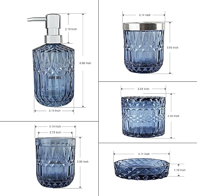 LaMarriti Blue Bathroom Accessories Set, 5Pcs Clear Glass Bathroom Accessories, Hand Soap Dispenser, Soap Dish, Toothbrush Holder Set, Qtips Holder for Crystal Vintage Bath Countertop Decor, Gift Set