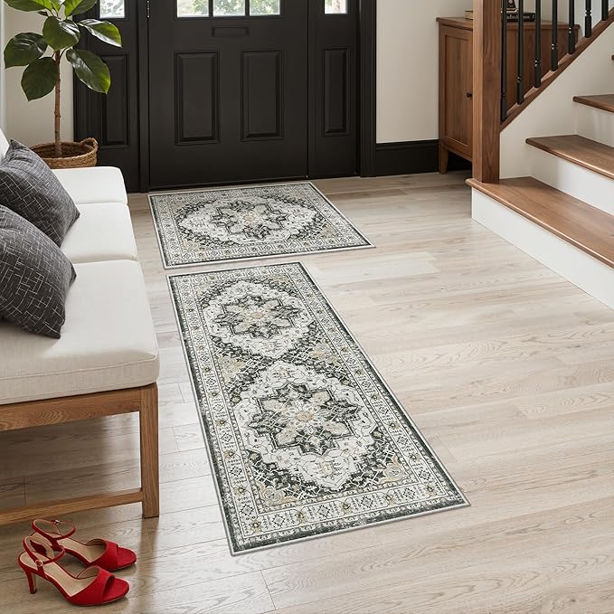 Madane 2-Piece Kitchen Runner Rug Set, Small Area Rug Non-Slip Vintage Door Mat Indoor Entrance, Low Pile Floor Carpet for Inside Front Door Bedroom Entryway Entry Laundry (2x3+2x4, Black)