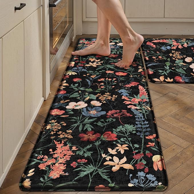 PureCozy Kitchen Mats 2PCS Anti Fatigue Cushioned Mat Non Slip Floral Boho Kitchen Mats for Floor Waterproof Comfort Standing Black Rug for Sink Laundry Office Desk 17.3"x59"+17.3"x30"