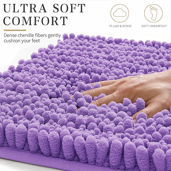 Yimobra Bathroom Rugs Non Slip Washable - Ultra Soft Absorbent Chenille Bath Mat, Quick Dry Shaggy Floor Carpet for Tub Shower, Lavender Home Decor Accessories, 24x17 Inch