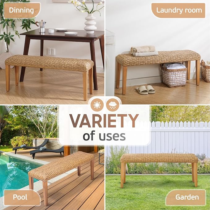 Outdoor Backless Bench, All-Weather Wicker & Solid Acacia Wood, Premium Garden Bench with Woven Rattan Seat and Thick Outdoor Cushion for Patio, Porch, Living Room or Entryway (Natural, PE Wicker)