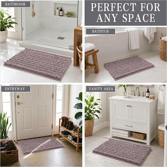Yimobra Bathroom Rugs Non Slip Washable - Ultra Soft Absorbent Chenille Bath Mat, Quick Dry Shaggy Floor Carpet for Tub Shower, Mauve Home Decor Accessories, 24x17 Inch