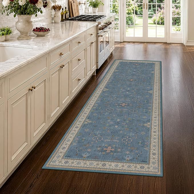 Washable 3x8 Throw Rug for Hallway - Blue Rugs for Entryway Indoor, Bedroom Bedside, Mudroom, Boho Eclectic Modern Décor, Non Slip Low Pile Fade Resistant