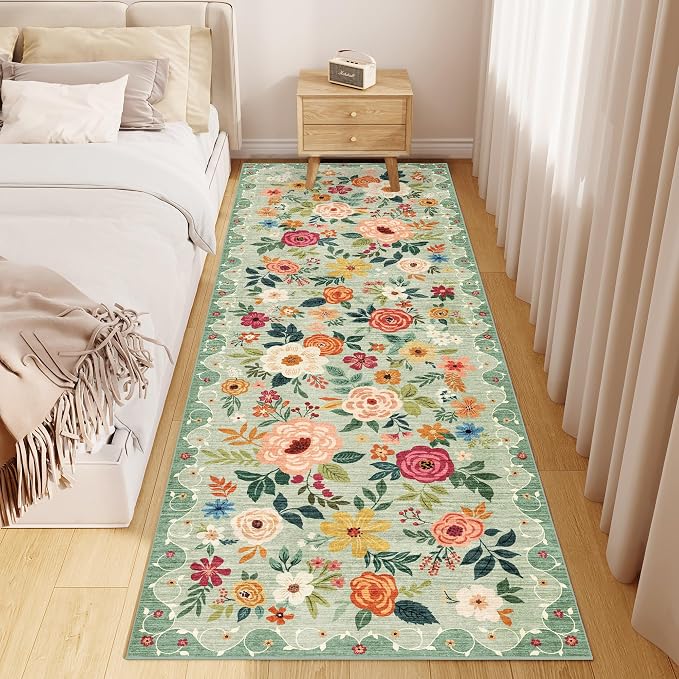 DUKINO 2x6 Kitchen Runner Rug for Hallway, Washable Runner Rug with Non Slip Backing, Low Pile Soft Boho Spring Floral Carpet for Kitchen, Hallway, Entryway, Laundry, Bedroom, Green