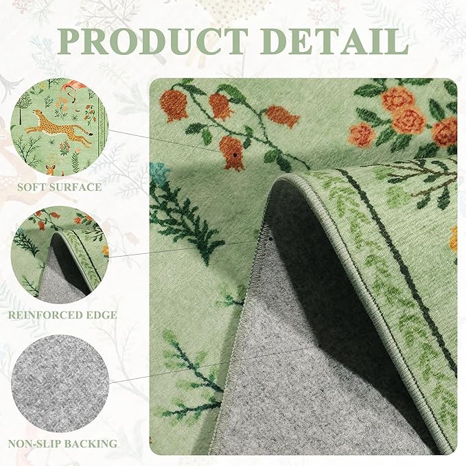 DUKINO 4x6 Rug, Washable Animal Area Rug with Non Slip Vintage Design, Indoor Soft Low Pile Carpet for Bedroom, Nursery, Dining Room, Farmhouse, Playroom, Light Green