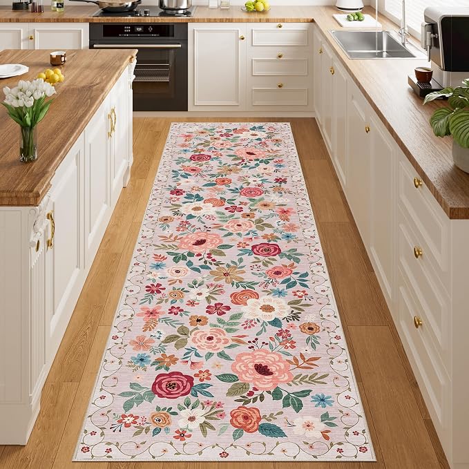 DUKINO Runner Rug for Hallway, 2.6x10 Washable Floral Long Kitchen Rug with Non Slip Backing, Lightweight & Stain Resistant Soft Runners for Indoor Entrance, Laundry, Living Room, Bedroom, Beige