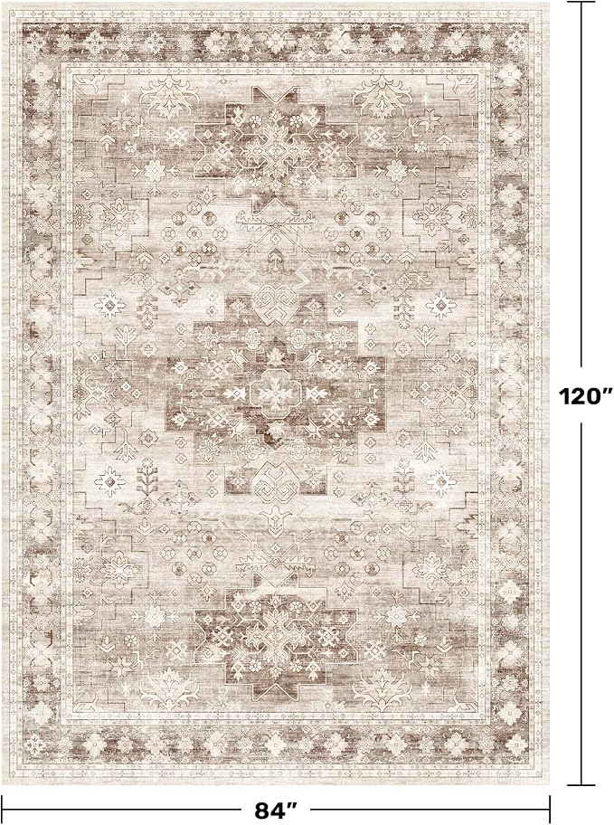 Hazo Haus Beige Farmhouse Washable 7x10 Area Rugs for Living Room, Bedroom, Dining Room Table, Vintage Floral Décor, Non-Slip Stain & Fade Resistant (7x10 Beige/Latte)