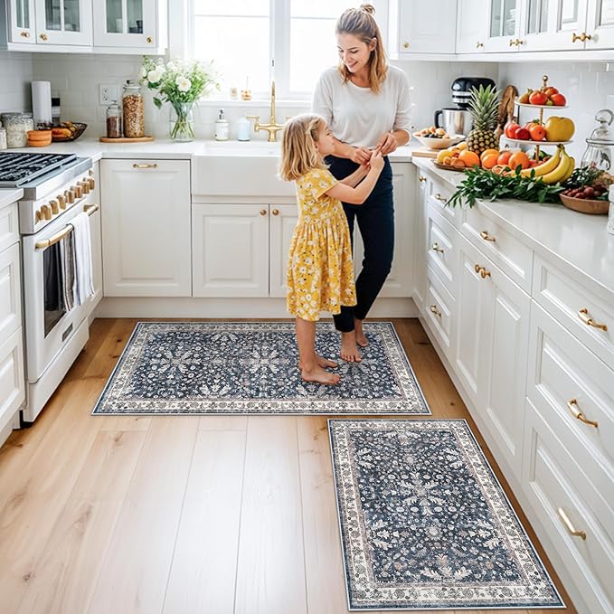 Kitchen Mats Set of 2 Washable Non-Slip – Soft Low Pile Boho Decorative Runner Rugs for Kitchen Floor, Sink & Stove, Kitchen Decor (Blue, 2x3+2x4)