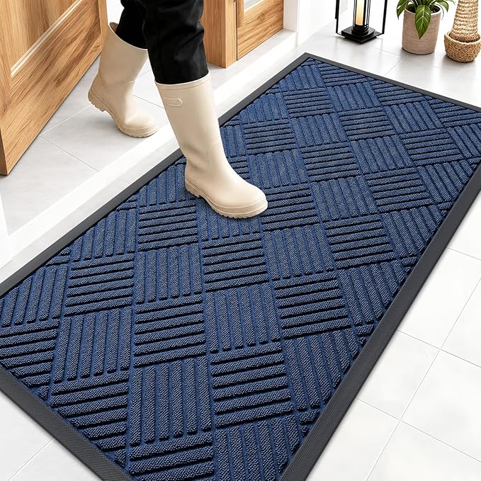 OLANLY Front Door Mat Outside Entrance 47x23, Absorbent, Heavy Duty Sturdy Natural Rubber Doormat Indoor Outdoor, Stain Fade Resistant, Non-Slip Low Profile Floor Mat for Entryway, Navy Blue Diamond