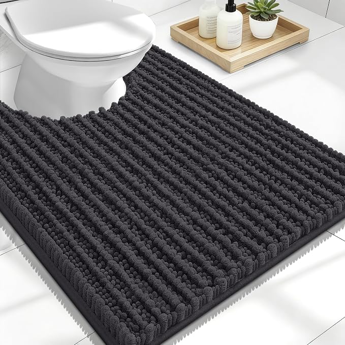 OLANLY Toilet Rugs U Shaped 24x20, Thick Soft and Absorbent Chenille Contour Bath Mat, Non-Slip Rubber Backing, Machine Washable Quick Dry Toilet Mat, Home Decor Accessories, Dark Grey