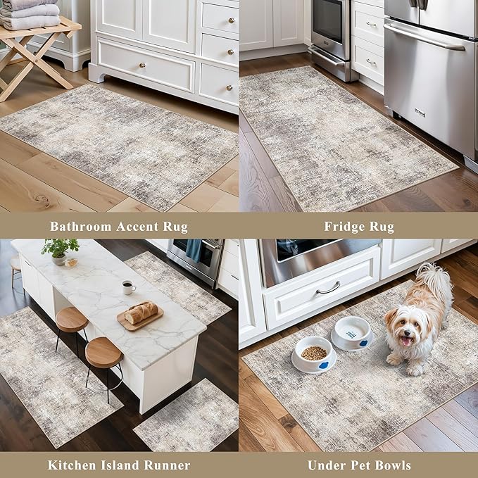 Kitchen Mats for Floor 3 Piece Set,Non-Slip Washable Kitchen Mats for Hardwood Floor, Boho Farmhouse Runner Rug for Sink,Entryway & Hallway & Bathroom (Brown Grey Beige, 2x3+2x4+2x5)