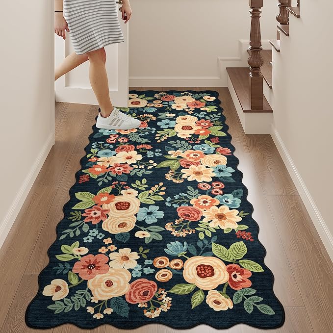 DUKINO 2x5 Washable Runner Rugs, Non Slip Floral Print Entryway Rug with Soft Low Pile, Lightweight Mat for Living Room, Bathroom, Bedroom, Kitchen, Navy Blue