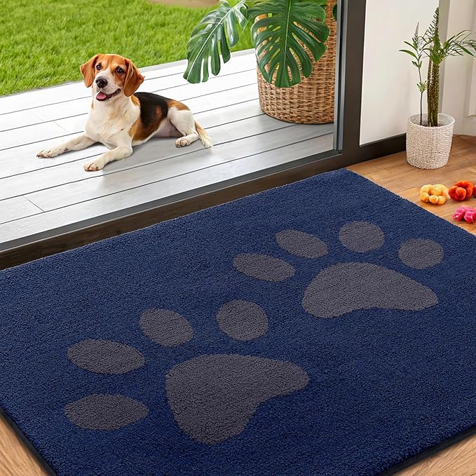 Smiry Dog Door Mat for Muddy Paws, Absorbs Moisture and Dirt, Low-Profile Entryway Mat with Non-Slip Backing, Entry Indoor Outdoor Doormat for Inside Floor (40x32 Inches, Navy Blue, Paw)