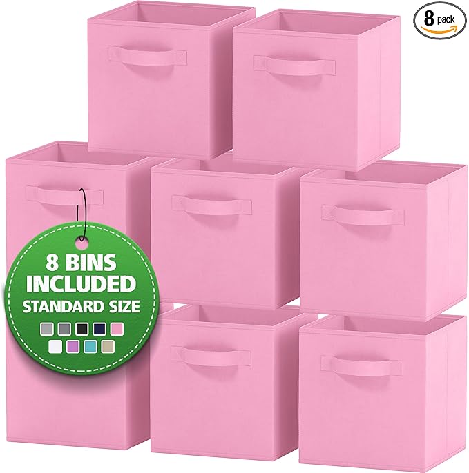 Storage Cubes - 11 Inch Cube Storage Bins (Set of 8). Fabric Cubby Organizer Baskets with Dual Handles | Foldable Closet Shelf Organization Boxes (Light Pink)