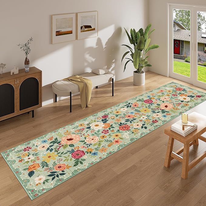 DUKINO 2x12 Washable Runner Rug, Ultra Soft Floral Runner Rug for Hallway, Boho Non Slip & Non Shedding Indoor Entryway Carpet for Kitchen, Laundry Room, Bathroom, Bedroom, Entrance, Green