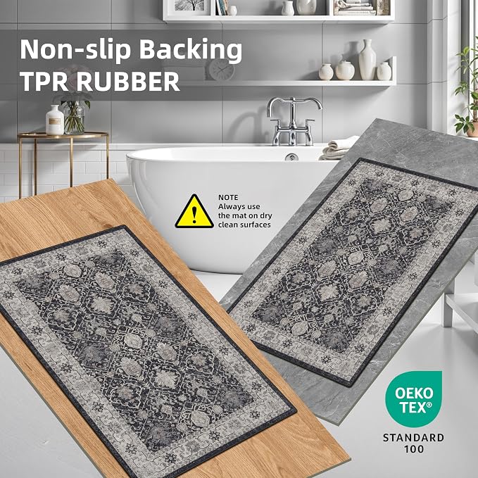 Kitchen Sink Rugs Set 0f 2: Washable Non-Slip Hardwood Floor Mat for Stove Dishwasher Fronts Soft Stain Resistant Carpet for Cooking Area & Fridge Boho Home Decor for High Traffic Area(2x3+2x4,Black)