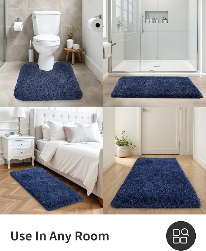 ILANGO Navy Blue Bathroom Rugs 36" × 24" Non Slip & Super Absorbent Extra Thick Soft, Washable Bath Mat for Floor, Microfiber Plush Shaggy Bath Rug with Rubber for Bathtub Shower Room Sink