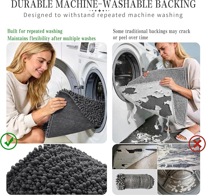 Yimobra Bathroom Rugs Non Slip Washable - Ultra Soft Absorbent Chenille Bath Mat, Quick Dry Shaggy Floor Carpet for Tub Shower, Dark Gray Home Decor Accessories, 24x17 Inch