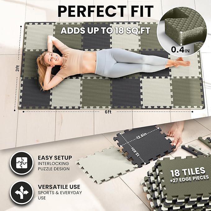 bemaxx Gym Mats Set - 18 pcs EVA Interlocking Foam Floor Tiles (12.6"x12.6"x0.4") 18sqft Protective Gym Flooring Sports Home Workout Exercise Mats Puzzle Garage Fitness Play-Room Pool Treadmill Bike