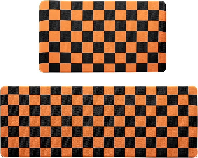 Black Orange Checkered Grid Checkerboard Kitchen Rug Sets [2 PCs], Anti-Fatigue, Waterproof Non-Slip Kitchen Mats Heavy Duty Ergonomic Comfort Foam Rug for Floor, Home,17"x29"+17"x47"