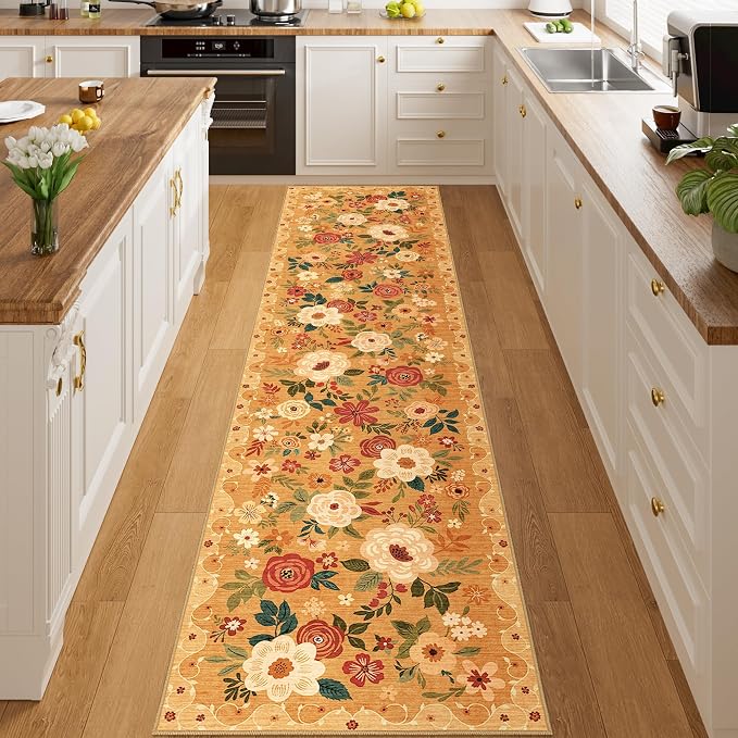 DUKINO 2x8 Runner Rug for Hallway, Washable Kitchen Runner Rug with Rubber Backing Non Slip, Low Pile Soft Boho Floral Thin Carpet for Entryway, Hallway, Bathroom, Laundry Room, Orange