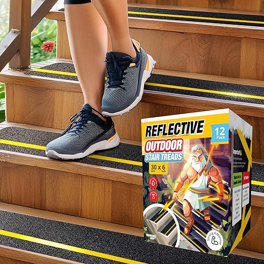Reflective Grip Tape for Stairs 30" x 6" - 12-Pack Outdoor Stair Treads Non-Slip Weather Resistant - Anti Slip Tape for Exterior Wooden Steps - Waterproof 80-Grit Adhesive Treads by Thunder Grip