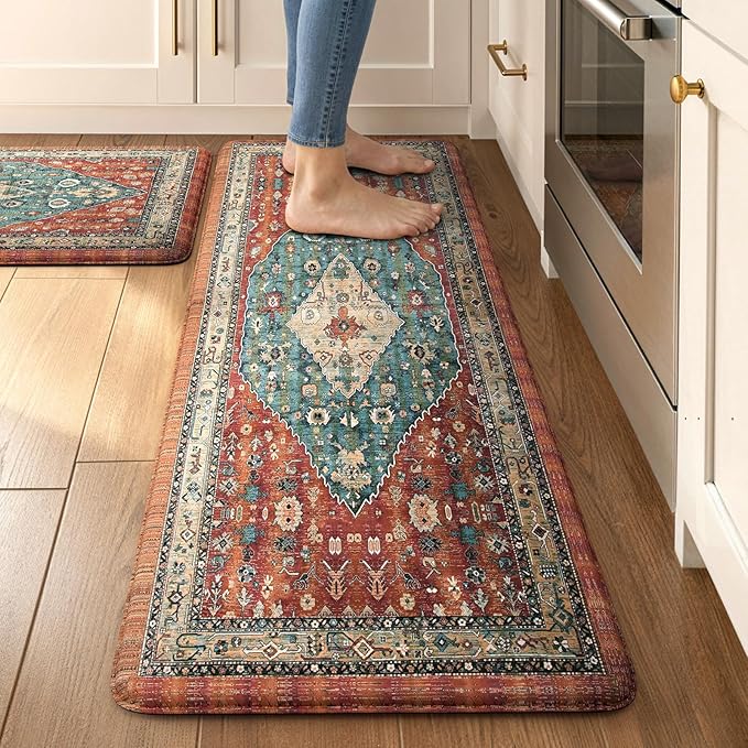 Collive Boho Kitchen Mats 2PCS, Cushioned Kitchen Mat for Floor Anti Fatigue Waterproof Kitchens Rugs Set of 2, Non Skid Comfort Standing Rug for Office, Sink, Laundry, 17.3"x29"+17.3"x47"