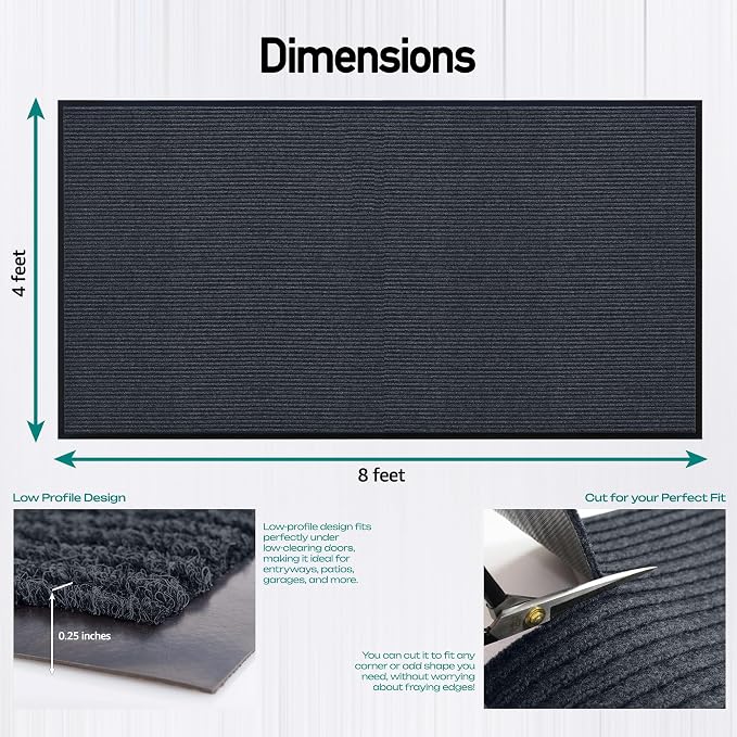 Durable Rubber Door Mat - Heavy Duty, Indoor/Outdoor, Easy Clean, Waterproof, Low-Profile Mat for Entry, Patio, Garage - Stylish (Charcoal, 8' x 4' (Mud Trapper))