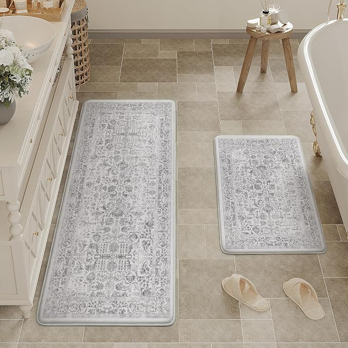 PureCozy Kitchen Mats 2PCS Anti Fatigue Cushioned Mat Black Vintage Kitchen Mats for Floor Waterproof Non Slip Comfort Standing Retro Floral Rug for Sink Laundry Office 17.3"x47"+17.3"x30"