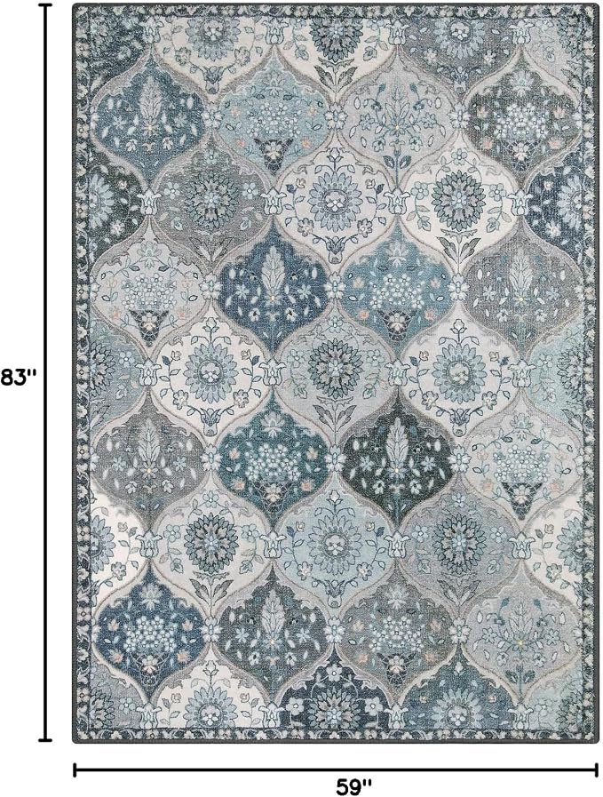 Lahome Moroccan Trellis Washable Area Rug, 5x7 Rugs for Living Room Bedroom, Indoor Non-Slip Oriental Accent Throw Large Carpet for Kitchen Entryway Bathroom Office Elise, Blue
