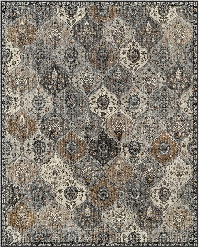 Lahome Moroccan Trellis 9x12 Rug for Living Room, Soft 9x12 Area Rug for Bedroom Dining Room, Ultra-Thin Non-Slip Non Shedding Distressed Throw Large Carpet for Office Elise, Grey