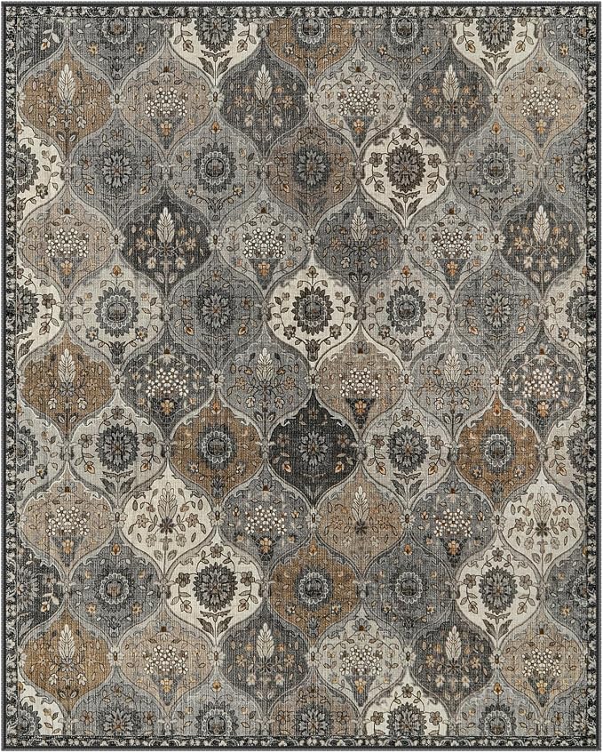 Lahome Moroccan Washable Area Rugs 8x10, Soft Vintage Oriental Rug for Living Room Bedroom Dining Room, Non Slip Low Pile Stain Resistant Rug for Kids Pets High Traffic Areas, Burnt Grey