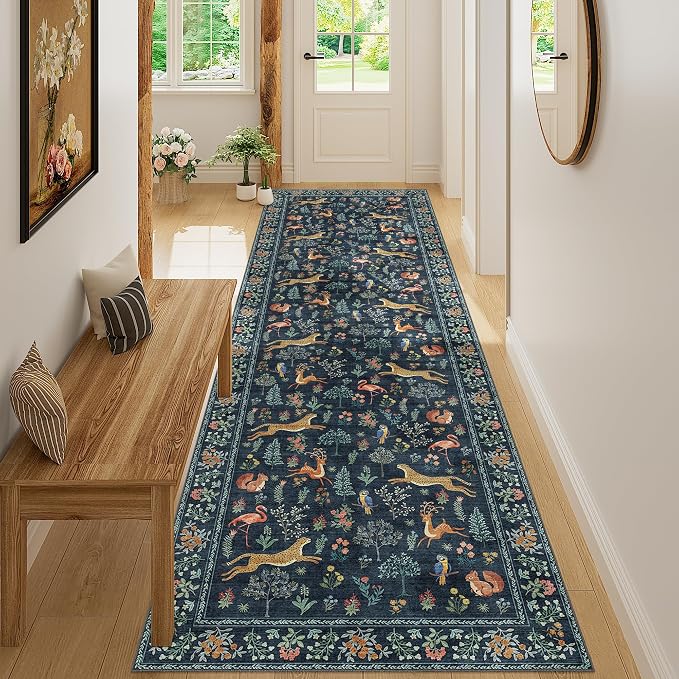 DUKINO 3x10 Washable Runner Rug for Hallway, Lightweight Long Kitchen Rug with Low Pile Design, Vintage Animal Non Shedding Thin Indoor Carpet for Entryway, Bathroom, Bedroom, Laundry Room, Navy Blue