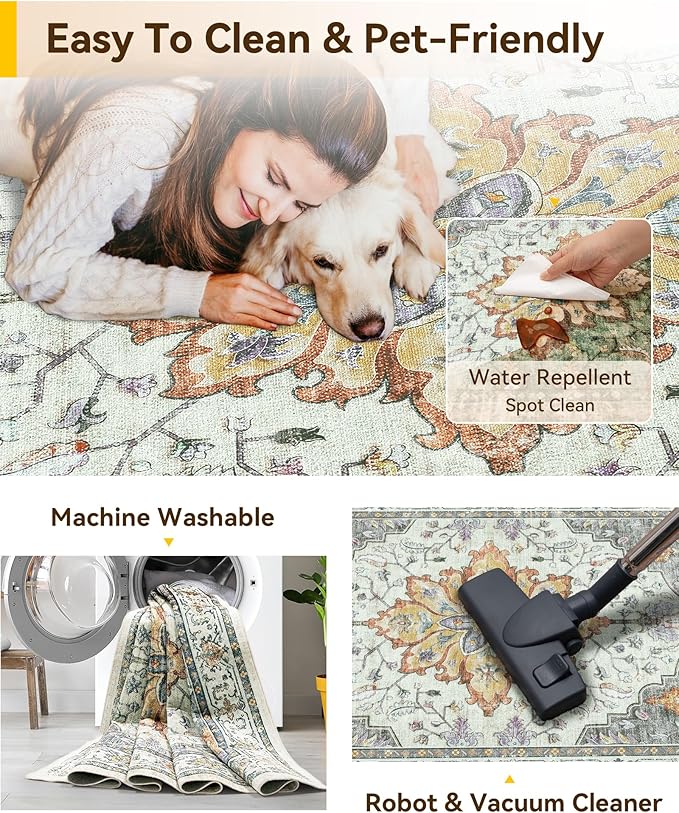 RELEANY Area Rugs Runner 2'6"x8' Washable Non-Slip, Floral Vintage Distress Medallion Carpet for Kitchen Hallway Bedroom Beside Laundry Room Bathroom, Beige Carbon Grey Orange