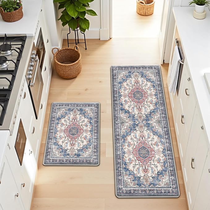 Boho Kitchen Mats for Floor 2 Piece Set Anti Fatigue Cushioned PVC Kitchen Rugs Non Slip Waterproof Farmhouse Mats 2/5 Inch Comfort Standing Mat for Sink, Laundry, 17.3"x59"+17.3"x28", Retro Blue